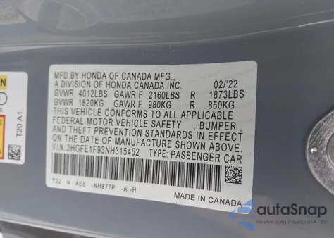 2022 Honda Civic Touring из США, поврежденный, VIN 2HGFE1F93NH315452